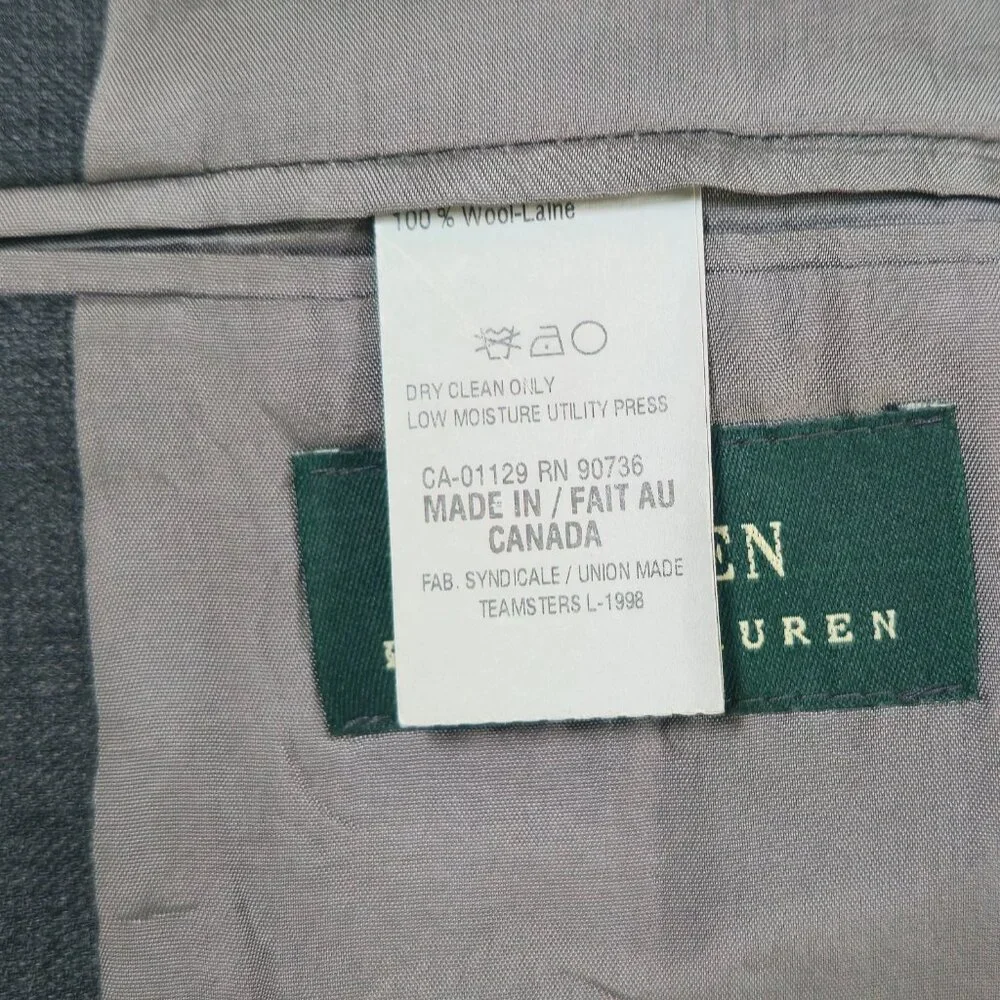 Ralph Lauren Men's Blazer Heather Gray Wool Made In Canada‎ Size 41R